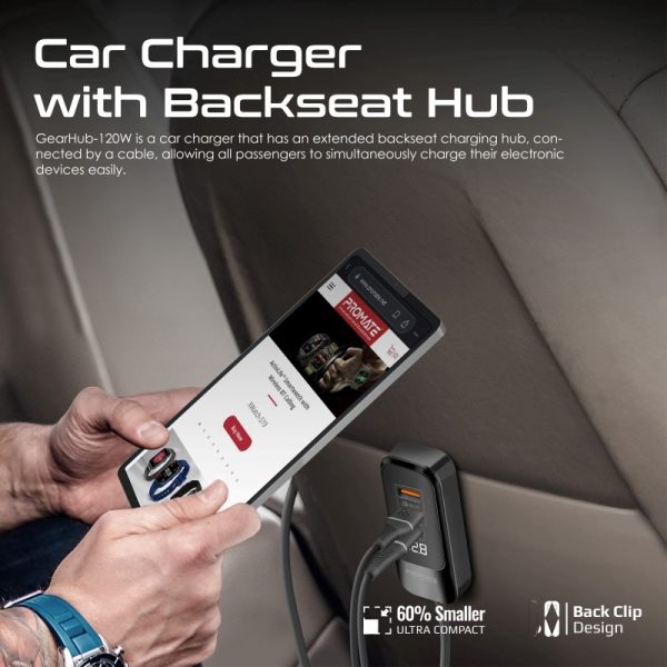 ⁦بروميت GearHub-120W شاحن سيارة 120 واط بمنافذ USB-C وQC 3.0 مزدوجة (30 واط)، شاشة LED، وكابل بطول 1.5 متر لشحن سريع وفعال⁩ - الصورة ⁦2⁩