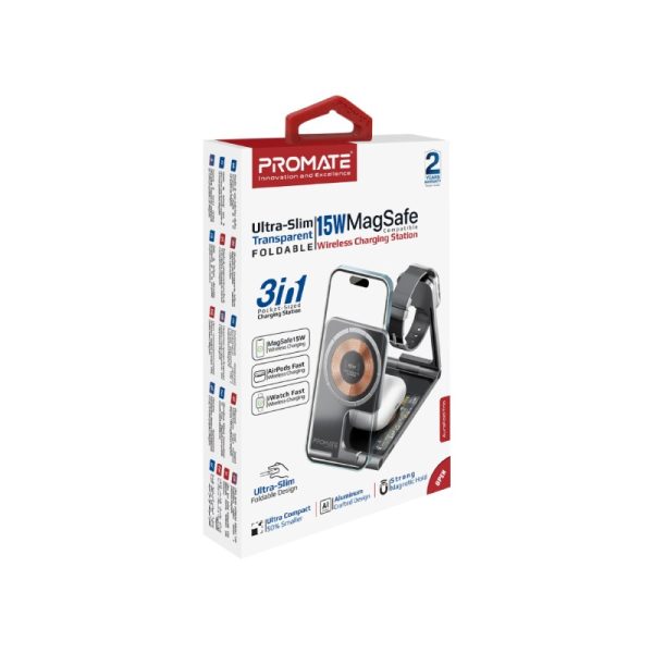 ⁦بروميت AuraFold-Trio قاعدة شحن ماج سيف بقوة 15 واط مع شاحن لساعات آبل وشاحن سماعات ايربودز قابل للطي⁩ - الصورة ⁦4⁩