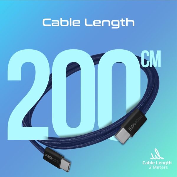 بروميت EcoLine-CC200 كابل USB-C فائق السرعة بقوة 60 واط، بطول 2 متر، مصنوع من قماش مضفر ومتين لتحمل أكثر من 25000 انحناءة، ويدعم الشحن السريع ونقل البيانات بكفاءة