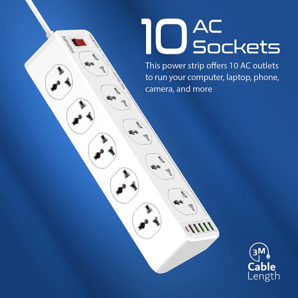 ⁦بروميت PowerMatrix-3M موزع طاقة 16 في 1، يحتوي على 10 مقابس AC و4 منافذ USB ذكية، مزوّد بأغطية أمان منزلقة وكابل بطول 3 أمتار لتوزيع طاقة آمن وفعال⁩ - الصورة ⁦7⁩