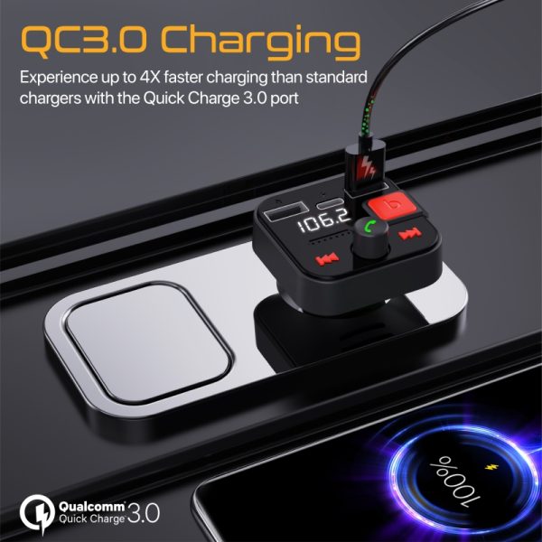 ⁦بروميت PowerTune-30W جهاز إرسال FM بلوتوث 5.1 للسيارة مع شحن USB-C 12 واط، USB 18 واط، ميكروفون مدمج، وشاشة LCD⁩ - الصورة ⁦6⁩