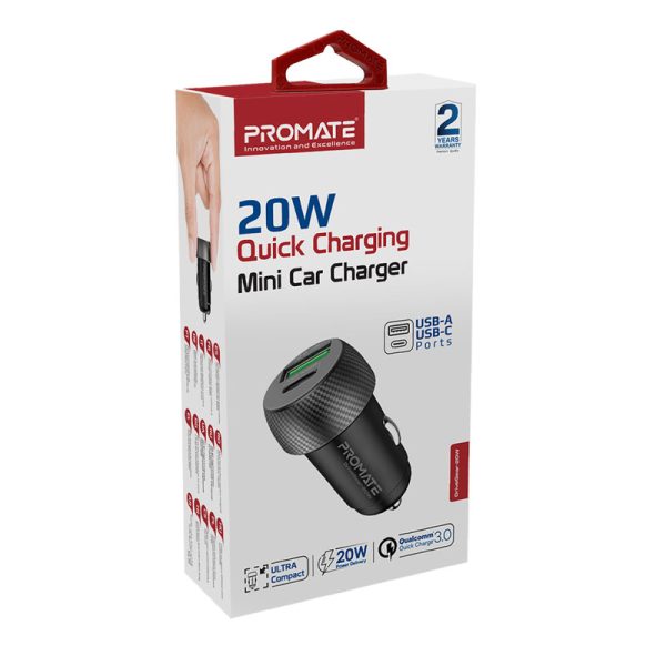 ⁦بروميت DriveGear-20W شاحن سيارة صغير بمنافذ USB-C بقوة 20 واط وQC 3.0 بقوة 18 واط، مع حماية من الحرارة الزائدة⁩ - الصورة ⁦3⁩