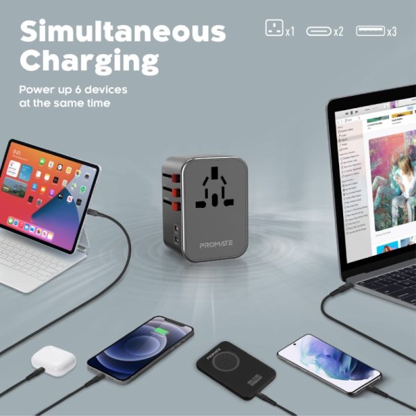 ⁦بروميت TripMate-36W محول سفر عالمي بقدرة 36 واط، مزود بمنفذي USB-C (20 واط + 15 واط) و3 منافذ USB ذكية، مع حماية من زيادة التيار بقوة 8 أمبير⁩ - الصورة ⁦6⁩
