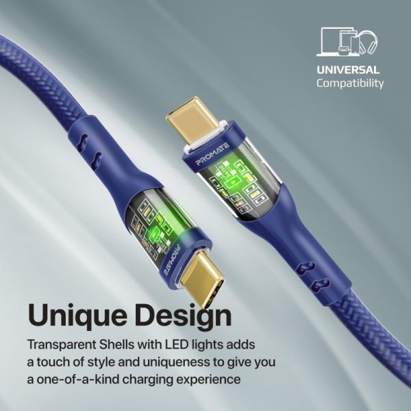 ⁦بروميت TransLine-CC كابل USB-C فائق السرعة بقدرة 60 واط، بطول 1.2 متر، رأس شفاف مطلي بالذهب مع إضاءة LED، ومقاوم للانحناء حتى 25000 مرة⁩ - الصورة ⁦4⁩