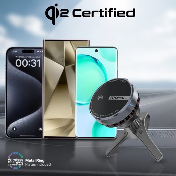 ⁦بروميت MagChill-Qi2 شاحن سيارة لاسلكي 15 واط معتمد Qi2، بتقنية تبريد ذاتي، تثبيت متعدد المواقع، وحماية ذكية مع كشف الأجسام الغريبة⁩ - الصورة ⁦3⁩