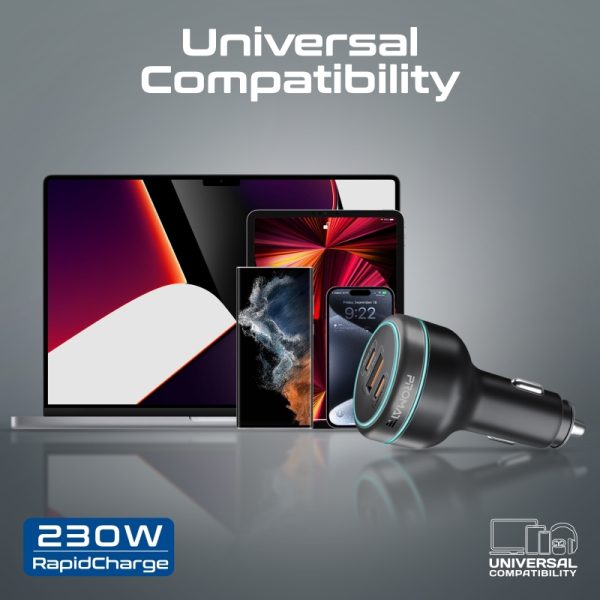 ⁦بروميت PowerDrive-230 شاحن سيارة فائق السرعة 230 واط، بمنفذ USB-C 140 واط، منافذ C وUSB-A بقدرة 45 واط، مع حماية من الحرارة والشحن الزائد⁩ - الصورة ⁦5⁩