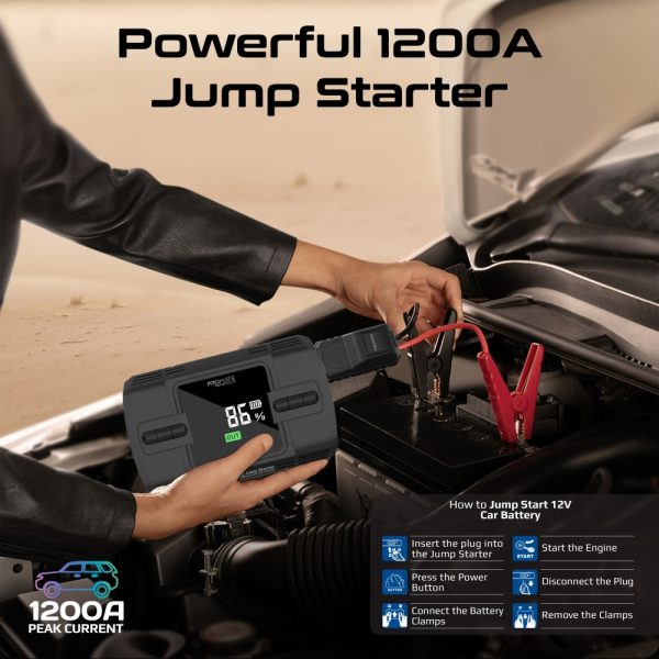 ⁦بروميت PatrolPack-3 جهاز تشغيل سيارة 1200 أمبير مع ضاغط هواء 150 PSI، بطارية 12000mAh، مصباح LED، مشابك ذكية، وشاشة LCD⁩ - الصورة ⁦5⁩