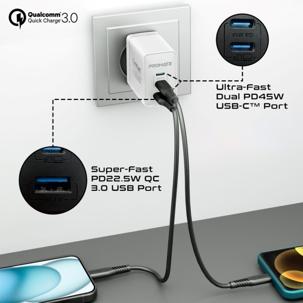 ⁦بروميت PowerPort-45 محول بمنفذي USB-C بقوة 45 واط ومنفذ USB QC بقوة 22.5 واط⁩ - الصورة ⁦9⁩