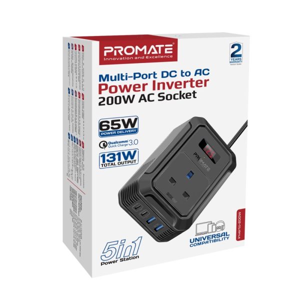⁦بروميت Inverto-200W محول طاقة متعدد المنافذ بقدرة 200 واط مع شاشة LCD ومنفذي USB-C وUSB-A بتقنية الشحن السريع⁩ - الصورة ⁦3⁩