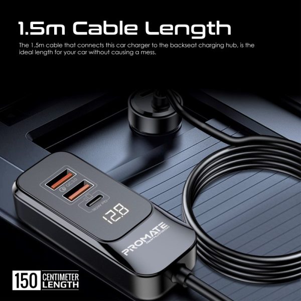 ⁦بروميت GearHub-120W شاحن سيارة 120 واط بمنافذ USB-C وQC 3.0 مزدوجة (30 واط)، شاشة LED، وكابل بطول 1.5 متر لشحن سريع وفعال⁩ - الصورة ⁦6⁩