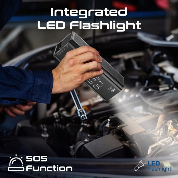 ⁦بروميت PowerPump ضاغط هواء محمول ببطارية 7500mAh، ضغط حتى 150 PSI، ضوء LED، SOS، ومنفذ USB-A مع نظام مراقبة ضغط الإطارات⁩ - الصورة ⁦5⁩