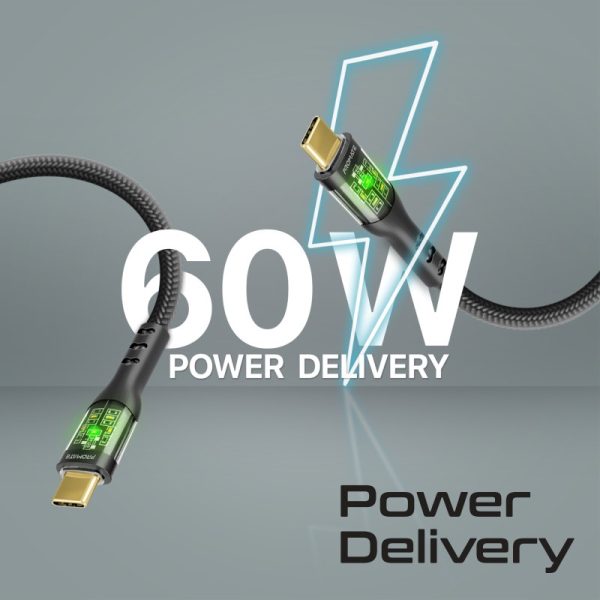 بروميت TransLine-CC200 كابل USB-C إلى USB-C بطول 2 متر، شحن سريع 60 واط، رأس شفاف مطلي بالذهب مع إضاءة LED، ومقاوم للانحناء حتى 25000 مرة