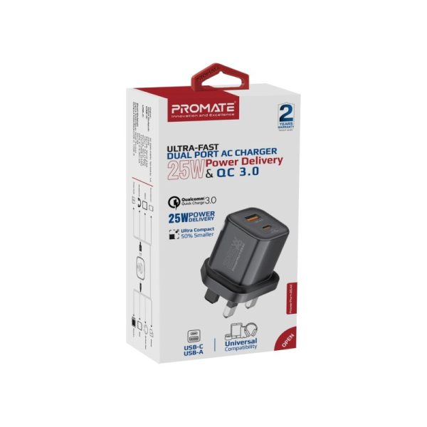 ⁦بروميت PowerPort-25AC شاحن جداري بقدرة 25 واط، بمنفذ USB-C PD ومنفذ QC 3.0 بقوة 18 واط، مع حماية من زيادة التيار وتنظيم جهد تلقائي لشحن آمن وسريع⁩ - الصورة ⁦8⁩