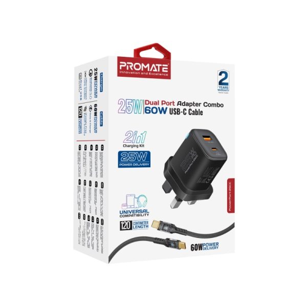 ⁦بروميت PowerPort-25CC شاحن جداري مزدوج بقدرة 25 واط، يأتي مع كابل USB-C شفاف بطول 1.2 متر بقدرة 60 واط، منفذ QC 3.0، ضوء LED، وحماية من الشحن الزائد والدائرة القصيرة⁩ - الصورة ⁦2⁩
