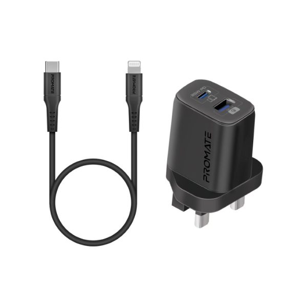 بروميت ChargeKit-25PDi مجموعة شحن سريعة تضم شاحن 25 واط وكابل USB-C إلى لايتنينغ 27 واط، تدعم QC 3.0 ومزامنة البيانات