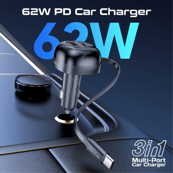 ⁦بروميت PowerDrive-RC65 شاحن سيارة 62 واط بمنفذ USB-C وكابل قابل للسحب 45 واط بطول 80 سم، تصميم مدمج وصغير الحجم⁩ - الصورة ⁦9⁩
