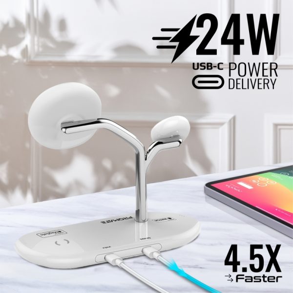 ⁦بروميت Synergy-Pro محطة شحن MagSafe معتمدة من Apple MFi، بقدرة 57 واط: شاحن MagSafe 15 واط، شاحن ساعة أبل 7.5 واط، شاحن Qi 10 واط، ومنفذ USB-C PD بقدرة 24 واط⁩ - الصورة ⁦5⁩