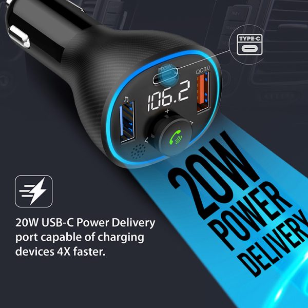 ⁦بروميت PowerTune-38W جهاز إرسال FM بلوتوث 5.1 للسيارة مع شاحن USB-C 20 واط، QC 3.0، ميكروفون بخاصية إلغاء الضوضاء، وشاشة LCD⁩ - الصورة ⁦6⁩