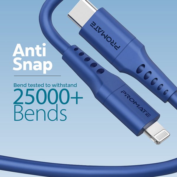 ⁦بروميت PowerLink-200 كابل USB-C إلى لايتنينغ بقوة 20 واط، بطول 2 متر، مصنوع من السيليكون، ومتين لتحمل أكثر من 25000 انحناءة لشحن قوي وآمن⁩ - الصورة ⁦6⁩