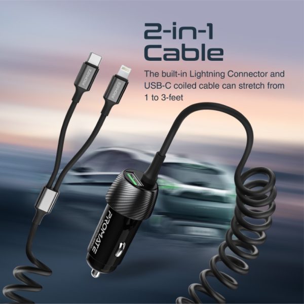 ⁦بروميت PowerDrive-33PDCI شاحن سيارة 33 واط بمنفذ USB-C، كابل لايتنينغ مدمج، ومنفذ USB بتقنية QC 3.0 لشحن متعدد وسهل في السيارة⁩ - الصورة ⁦3⁩
