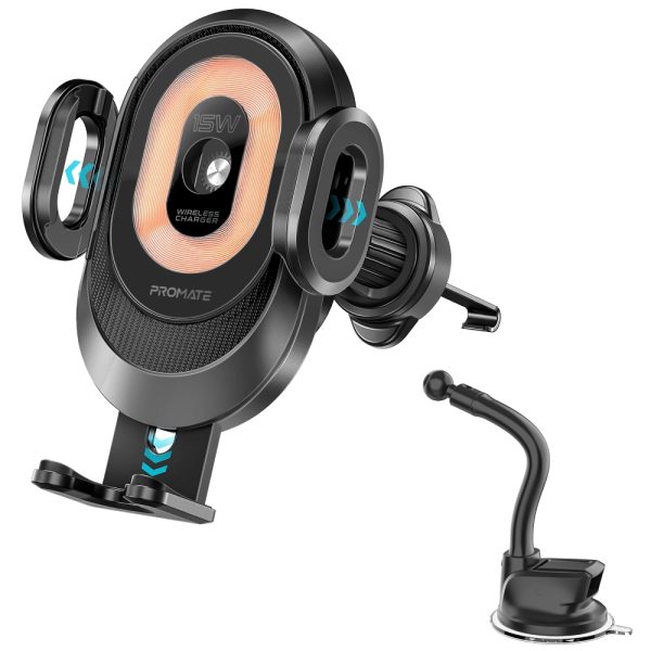 بروميت PowerMount-2 حامل وشاحن لاسلكي 15 واط بتثبيت تلقائي، تصميم شفاف، ذراع قابل للتعديل، ودعم FOD وزوايا عرض متعددة