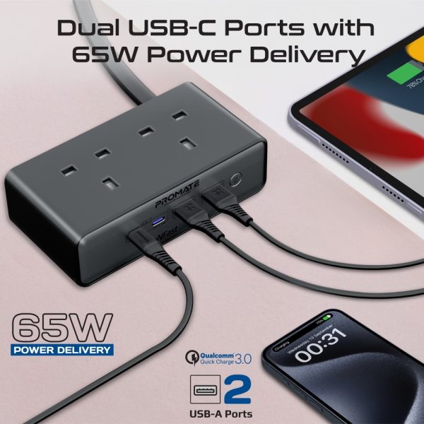 ⁦بروميت PowerBrix2-GaN65 محطة شحن 6 في 1 بتقنية GaNFast™، بقدرة 65 واط، تشمل مقبسين AC بقوة 3250 واط، منفذي USB-C PD حتى 65 واط، منفذ QC 3.0 بقوة 60 واط، ومنفذ USB-A لشحن شامل وآمن⁩ - الصورة ⁦6⁩