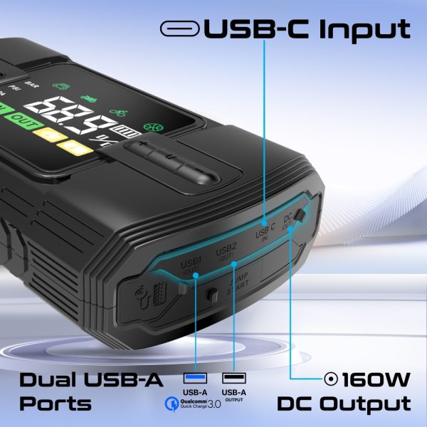 ⁦بروميت PatrolPack-3 جهاز تشغيل سيارة 1200 أمبير مع ضاغط هواء 150 PSI، بطارية 12000mAh، مصباح LED، مشابك ذكية، وشاشة LCD⁩ - الصورة ⁦3⁩