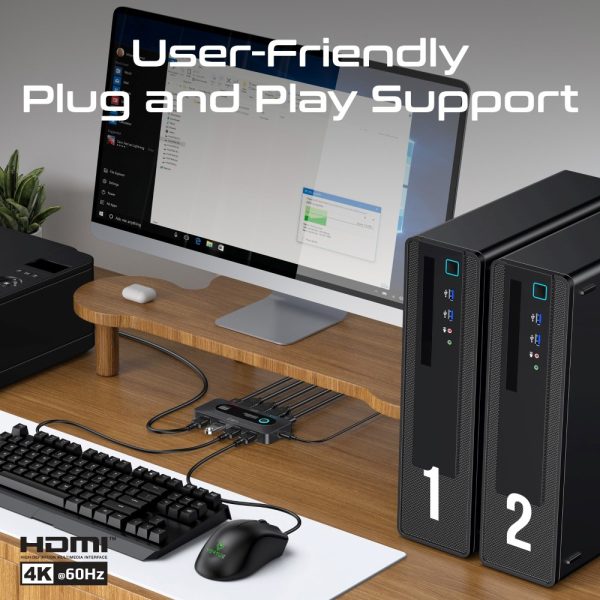 ⁦بروميت MediaSwitch-KVM محول KVM بدقة 4K، يربط بين جهازين، مزود بـ4 منافذ USB-A بسرعة 5Gbps، ومنفذي HDMI مع زر تبديل ومدعوم بكامل الكابلات الأساسية⁩ - الصورة ⁦4⁩