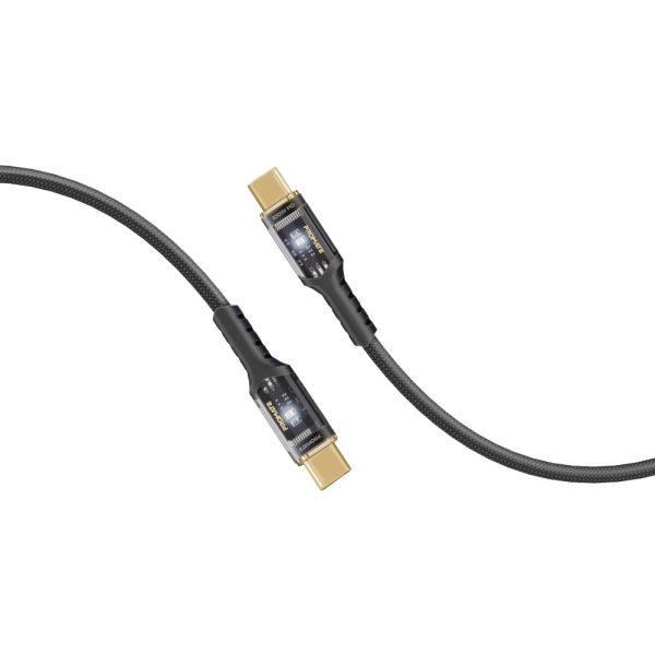 ⁦بروميت LucidLine-CC200 كابل USB-C بطول 2 متر، شحن سريع بقوة 100 واط، رؤوس شفافة مع ضوء LED، رأس مطلي بالذهب، ومتين لتحمل أكثر من 25000 انحناءة⁩ - الصورة ⁦2⁩