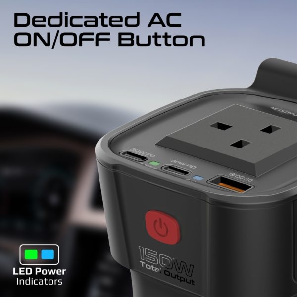 ⁦بروميت Inverto-150W محول طاقة سيارة 4 في 1 بقدرة 150 واط، بمنفذي USB-C (30 واط)، USB-A (18 واط)، مؤشرات LED، زر تشغيل/إيقاف، وحماية شاملة للشحن⁩ - الصورة ⁦4⁩