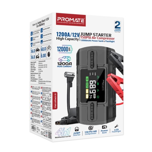 ⁦بروميت PatrolPack-3 جهاز تشغيل سيارة 1200 أمبير مع ضاغط هواء 150 PSI، بطارية 12000mAh، مصباح LED، مشابك ذكية، وشاشة LCD⁩ - الصورة ⁦6⁩