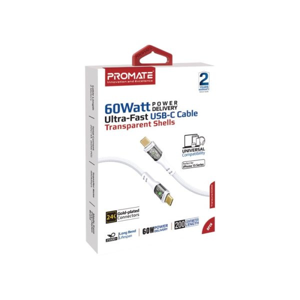 ⁦بروميت TransLine-CC200 كابل USB-C إلى USB-C بطول 2 متر، شحن سريع 60 واط، رأس شفاف مطلي بالذهب مع إضاءة LED، ومقاوم للانحناء حتى 25000 مرة⁩ - الصورة ⁦11⁩