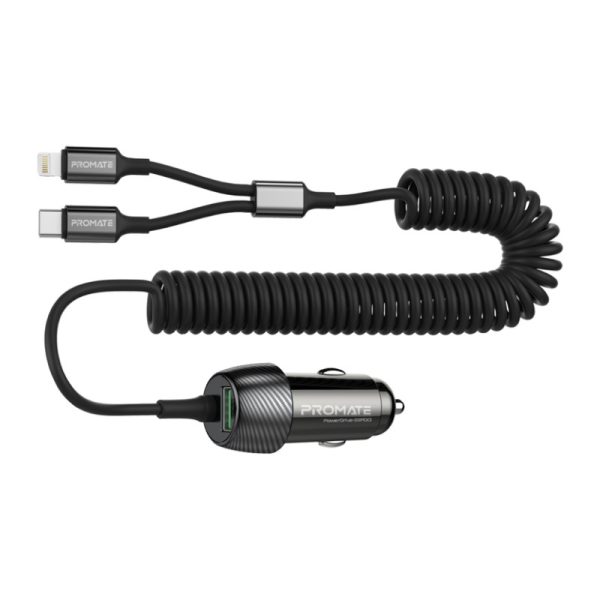 بروميت PowerDrive-33PDCI شاحن سيارة 33 واط بمنفذ USB-C، كابل لايتنينغ مدمج، ومنفذ USB بتقنية QC 3.0 لشحن متعدد وسهل في السيارة