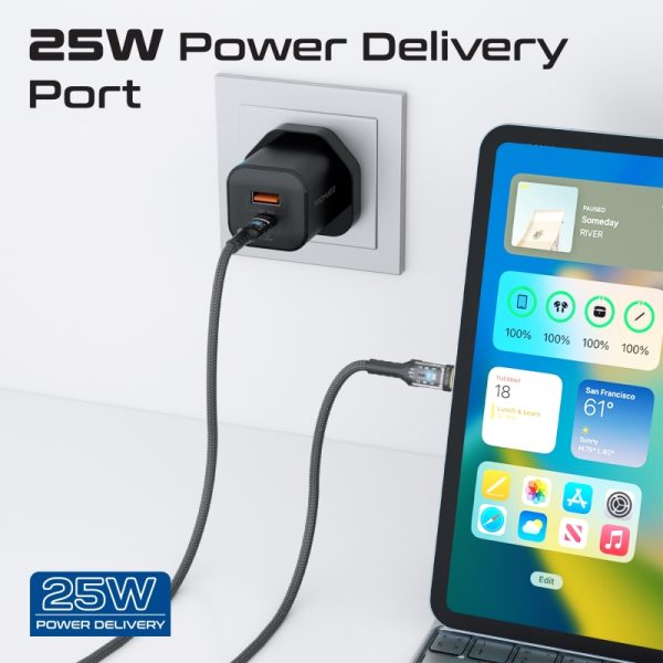 ⁦بروميت PowerPort-25CC شاحن جداري مزدوج بقدرة 25 واط، يأتي مع كابل USB-C شفاف بطول 1.2 متر بقدرة 60 واط، منفذ QC 3.0، ضوء LED، وحماية من الشحن الزائد والدائرة القصيرة⁩ - الصورة ⁦6⁩