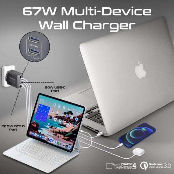 ⁦بروميت GaNPort4-67PD شاحن جداري فائق السرعة بتقنية GaN بقدرة 67 واط، بمنفذ USB-C 20 واط، QC 3.0 بقوة 22.5 واط، مع حماية متقدمة لأجهزة اللابتوب والهواتف الذكية⁩ - الصورة ⁦3⁩