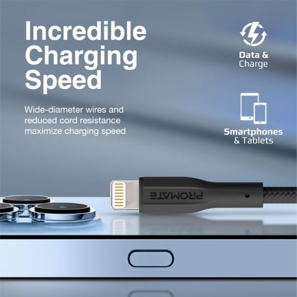 ⁦بروميت XCord-Ai كابل USB-A إلى لايتنينغ بقوة 10 واط، سرعة 480Mbps، سيليكون مضاد للتشابك، بطول 100 سم وتحمل 10,000 انحناءة⁩ - الصورة ⁦2⁩