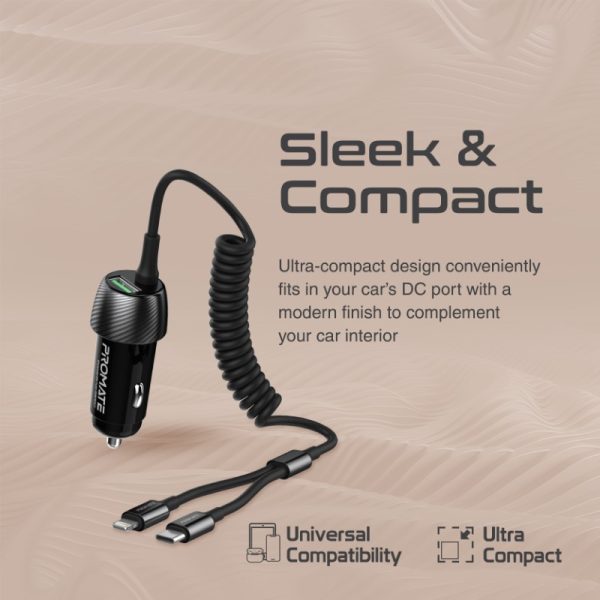 ⁦بروميت PowerDrive-33PDCI شاحن سيارة 33 واط بمنفذ USB-C، كابل لايتنينغ مدمج، ومنفذ USB بتقنية QC 3.0 لشحن متعدد وسهل في السيارة⁩ - الصورة ⁦2⁩