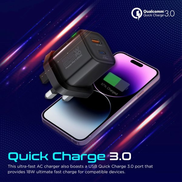 ⁦بروميت PowerPort-25AC شاحن جداري بقدرة 25 واط، بمنفذ USB-C PD ومنفذ QC 3.0 بقوة 18 واط، مع حماية من زيادة التيار وتنظيم جهد تلقائي لشحن آمن وسريع⁩ - الصورة ⁦4⁩