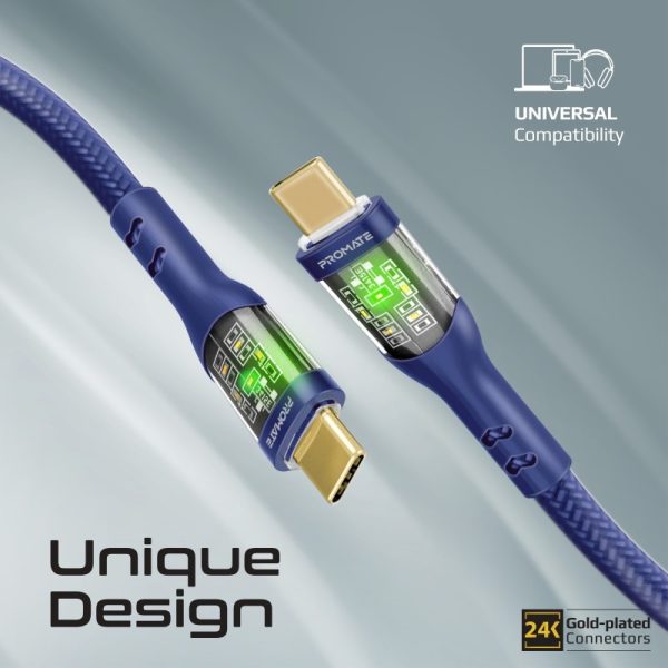 ⁦بروميت TransLine-CC200 كابل USB-C إلى USB-C بطول 2 متر، شحن سريع 60 واط، رأس شفاف مطلي بالذهب مع إضاءة LED، ومقاوم للانحناء حتى 25000 مرة⁩ - الصورة ⁦5⁩