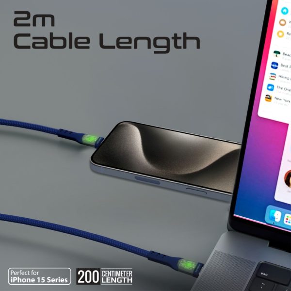 ⁦بروميت TransLine-CC200 كابل USB-C إلى USB-C بطول 2 متر، شحن سريع 60 واط، رأس شفاف مطلي بالذهب مع إضاءة LED، ومقاوم للانحناء حتى 25000 مرة⁩ - الصورة ⁦4⁩
