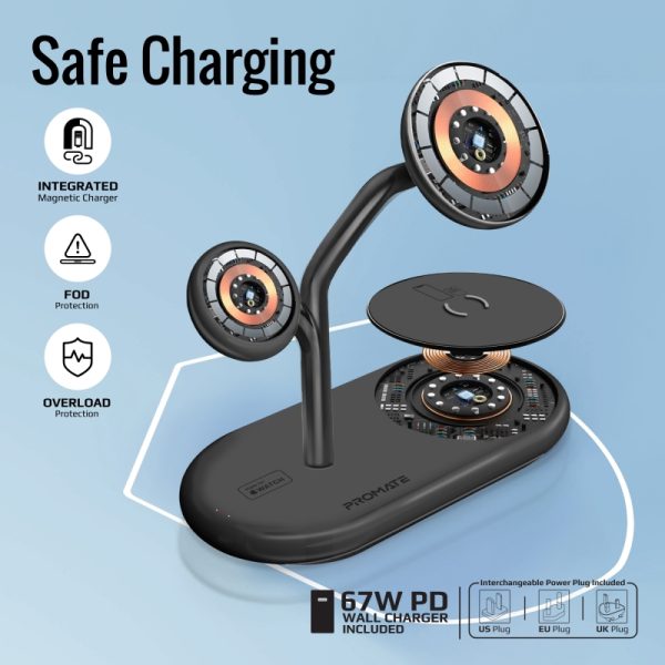 ⁦بروميت Synergy-Pro محطة شحن MagSafe معتمدة من Apple MFi، بقدرة 57 واط: شاحن MagSafe 15 واط، شاحن ساعة أبل 7.5 واط، شاحن Qi 10 واط، ومنفذ USB-C PD بقدرة 24 واط⁩ - الصورة ⁦10⁩
