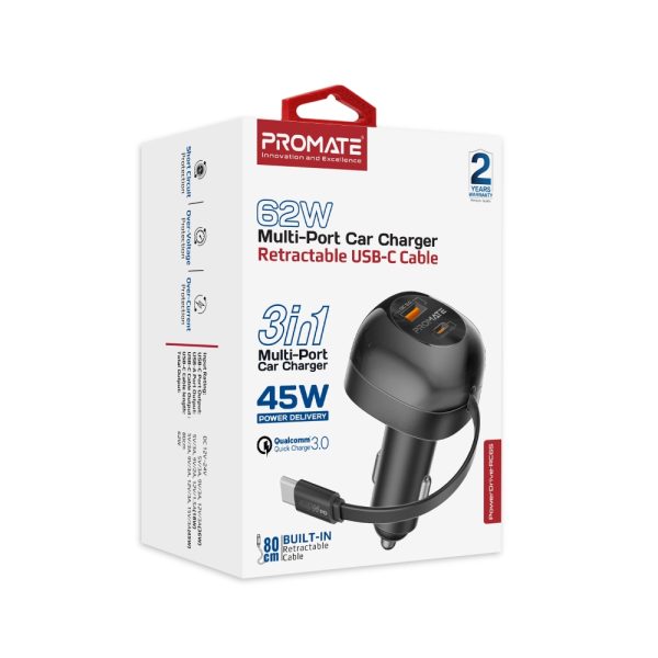 ⁦بروميت PowerDrive-RC65 شاحن سيارة 62 واط بمنفذ USB-C وكابل قابل للسحب 45 واط بطول 80 سم، تصميم مدمج وصغير الحجم⁩ - الصورة ⁦5⁩
