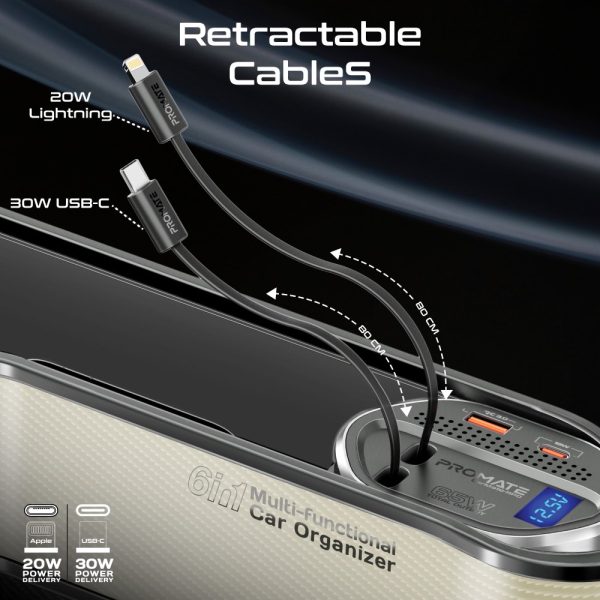 ⁦بروميت CarMate-RPD منظم سيارة مع شحن 65 واط، كابل USB-C 30 واط، لايتنينغ 20 واط، منافذ USB-C وUSB-A، شاشة LED، ونظام حماية مدمج⁩ - الصورة ⁦4⁩