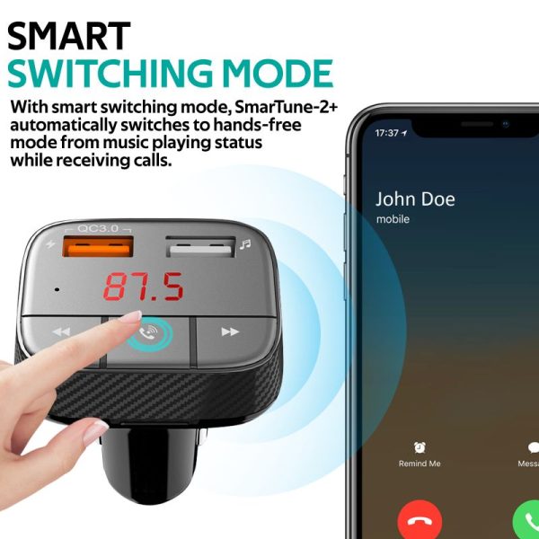 ⁦بروميت SmarTune-2+ محول FM بلوتوث للسيارة مع QC 3.0، مكالمات بدون يدين، AUX، TF، USB 1A، وشاشة LED⁩ - الصورة ⁦4⁩