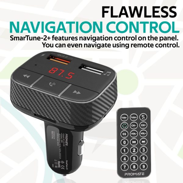 ⁦بروميت SmarTune-2+ محول FM بلوتوث للسيارة مع QC 3.0، مكالمات بدون يدين، AUX، TF، USB 1A، وشاشة LED⁩ - الصورة ⁦6⁩