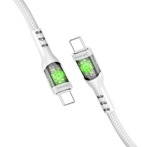 ⁦بروميت TransLine-CC كابل USB-C فائق السرعة بقدرة 60 واط، بطول 1.2 متر، رأس شفاف مطلي بالذهب مع إضاءة LED، ومقاوم للانحناء حتى 25000 مرة⁩ - الصورة ⁦7⁩