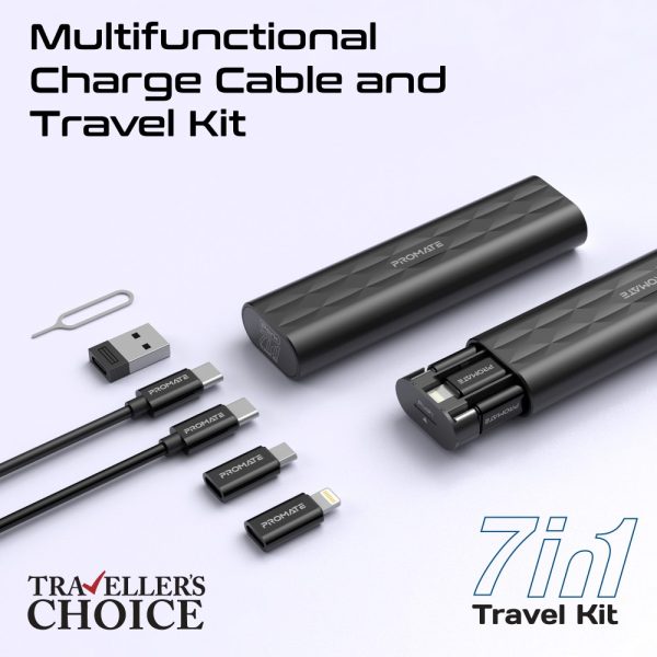 بروميت PERK مجموعة سفر 7 في 1 بكابل USB-C بقوة 60 واط، محولات إلى Lightning وUSB-A وMicro-USB، فتحات لبطاقات SIM وTF، ودبوس إخراج SIM، بتصميم صغير ومتكامل