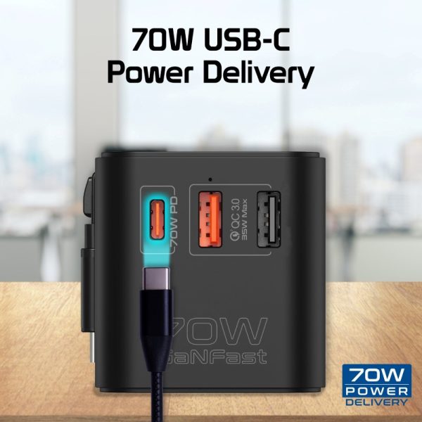 ⁦بروميت TripMate-GaN70R محول سفر عالمي بتقنية GaN بقوة 70 واط، مزود بكابل USB-C قابل للسحب لسهولة الشحن أثناء التنقل في أي مكان⁩ - الصورة ⁦5⁩
