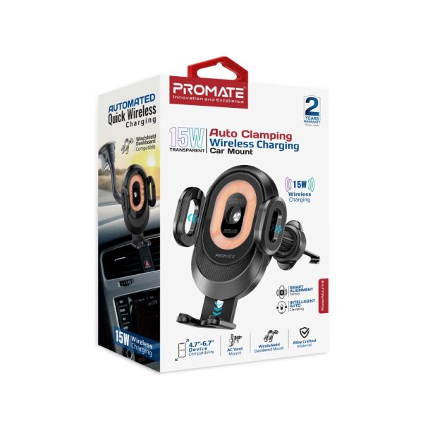 ⁦بروميت PowerMount-2 حامل وشاحن لاسلكي 15 واط بتثبيت تلقائي، تصميم شفاف، ذراع قابل للتعديل، ودعم FOD وزوايا عرض متعددة⁩ - الصورة ⁦9⁩