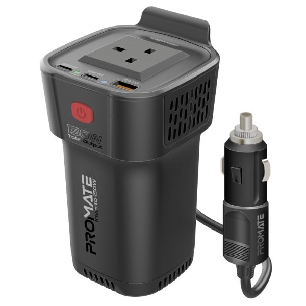بروميت Inverto-150W محول طاقة سيارة 4 في 1 بقدرة 150 واط، بمنفذي USB-C (30 واط)، USB-A (18 واط)، مؤشرات LED، زر تشغيل/إيقاف، وحماية شاملة للشحن